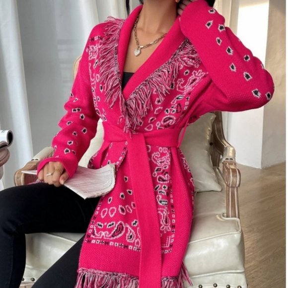 Fringe detailed Paisley belted Sweater Knit Cardigan Hot Pink - Picture 5 of 7